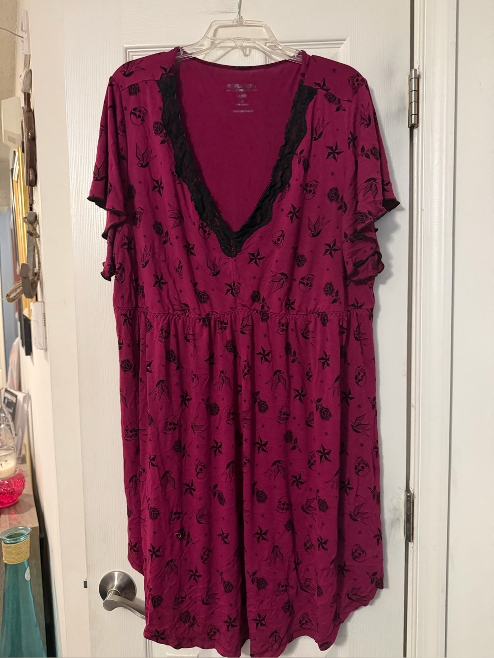 torrid Magenta V-Neck Lace-Trim Nightdress with Black Print